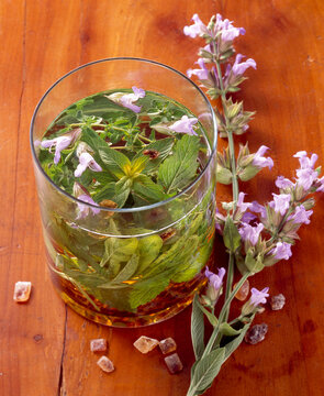Homemade sage and herb liqueur with flowers, candy and grappa