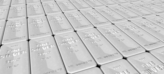 The highest standard silver bars. Lots of ingots of 999.9 Fine Silver lie in a row. 3D illustration