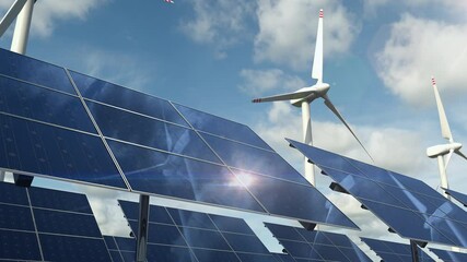 Solar panel cells and rotating wind turbines on the green energy farm. Power generators produce electricity with wind and solar panels with sunlight. This is ecologically clean industry, 3d animation. - Powered by Adobe