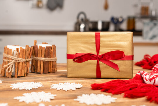 winter decoration and present on wooden table, stock image