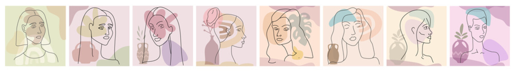 Set Womans line portrate in modern minimalist style trendy. Abstract shape pastel warm colors,flowers, vase. Editable outline aesthetic vector illustration