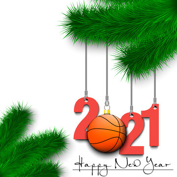 Happy New Year. Numbers 2021 and basketball ball as a Christmas decorations hanging on a Christmas tree branch. Design pattern for greeting card, banner, poster, flyer, invitation. Vector illustration