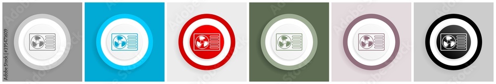 Poster heat pump icon set, colorful flat design vector illustrations in 6 options for web design and mobile