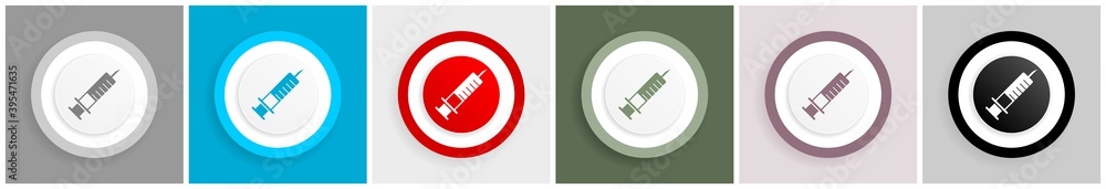 Poster Syringe, injection icon set, colorful flat design vector illustrations in 6 options for web design and mobile applications