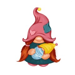 Mother Gnome with baby, Farmhouse gnome, Gnomie, Girl Gnome with child, gift for mother. Clipart illustration, isolated on transparent background