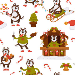Husky character celebrating christmas holidays
