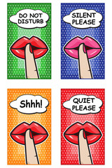 Girl making quiet silence sign, forefinger on lips illustration in pop art comics style. Vector door signs shhh, quiet please, do not disturb, silence please.