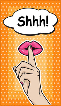Fingers on lips gesture vector in pop art comics style illustration, yellow quiet silence sign with message Shhh!