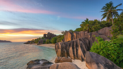sunset at paradise beach,anse source d'argent,la digue,seychelles