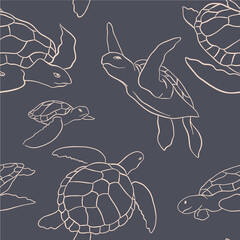 Vector seamless pattern with decorative ocean turtles. Colorful seamless pattern with animals, plants. Decorative cute wallpaper, good for printing. Overlapping background vector. Design illustration. - 395473212