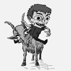 Cheerful boy on a goat. Vector sketch