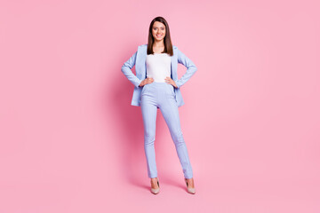Full size photo of young beautiful confident smiling cheerful businesswoman posing on camera...