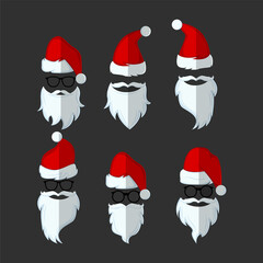 Set Christmas Hat Santa Mustache and Beard Icon Vector Flat Background