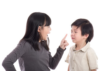 Asian sister and brother quarreling