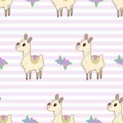 Seamless background with cute llama with flowers. Decorative cute wallpaper for the nursery in the Scandinavian style. Suitable for children's clothing, interior design, packaging, printing.