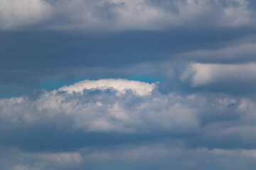 The blue sky is rich in color in clear weather with beautiful lush clouds. The beauty of nature in the fresh air, the layer of atmosphere visible to the eye from bottom to top