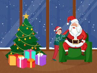 Cheerful Santa Claus Sitting On Sofa Near Cartoon Boy, Gift Boxes And Decorative Xmas Tree In Interior View.