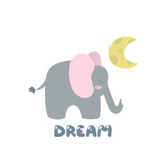 Cute sleeping elephant on the background of the moon. Children's vector illustration for printing. Isolated on white