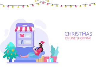 Cartoon Woman Doing Online Shopping In Smartphone With Gift Boxes, Packages And Xmas Tree On The Occasion Of Merry Christmas.