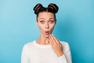 Photo of shocked surprised girl palm open mouth speechless face wear white sweater isolated blue color background