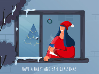 Happy & Safe Christmas Celebration Poster Design With Cheerful Woman Enjoying Drinks At Window For Avoid Coronavirus.