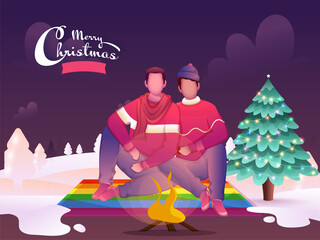Cartoon Gay Couple Sitting In Front Of Bonfire With Decorative Xmas Tree On Snowy Purple Background For Merry Christmas Celebration.