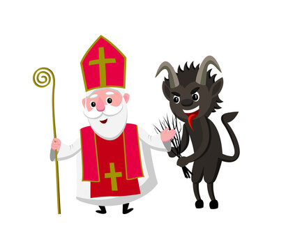 cartoon style illustration of saint nicholas and krampus