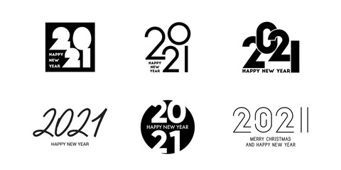 Set of 2021 Happy New Year logos. New Year 2021 logo text design. Trendy design for banner, poster, cover and calendar. Vector template. Collection of 2021 signs isolated on white background