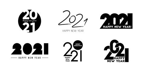 Set of 2021 Happy New Year logos. New Year 2021 logo text design. Trendy design for banner, poster, cover and calendar. Vector template. Collection of 2021 signs isolated on white background