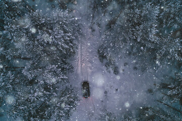 car in the evening forest in winter, top view, copter, aero photo, landscape winter forest