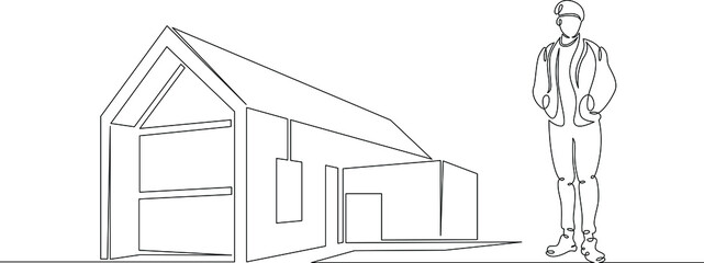 Modern trendy eco country house. The owner is a tenant architect near his building.One continuous drawing line, logo single hand drawn art doodle isolated minimal illustration.