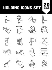 Hand Holding Icon Set In Black Line Art.
