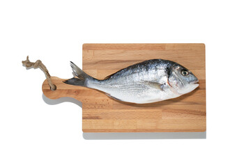 Isolated fresh dorade gifthead fish on the wooden cutting board