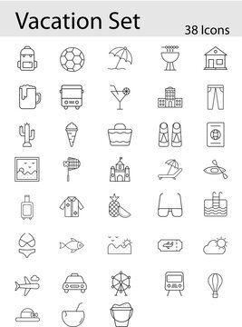 Black Line Art Vacation Icon Set In Flat Style.