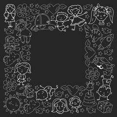 Doodle set of objects for kids. Toys and boys and girls. Kindergarten children. Vector outline icons