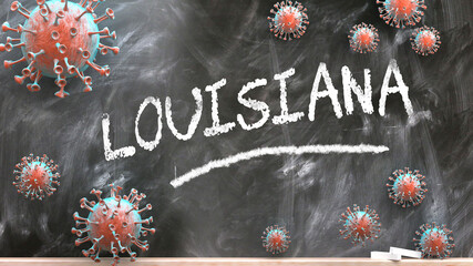 Louisiana and covid virus - pandemic turmoil and Louisiana pictured as corona viruses attacking a school blackboard with a written word Louisiana, 3d illustration © GoodIdeas