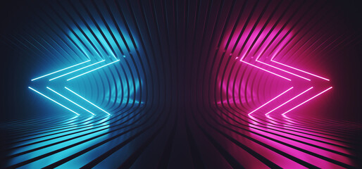 Neon Sci Fi Glowing Arow Pointers Lines Fluorescent Retro Purple Blue Lights On Striped Metal Futuristic Glossy Surface Empty Space Stage Cyber Club 3D Rendering