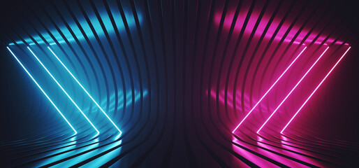 Neon Sci Fi Glowing Modern Futuristic Lines Fluorescent Retro Purple Blue Lights On Striped Metal Glossy Surface Empty Space Stage Cyber Club 3D Rendering