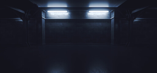 Dark Industrial Garage Cement Steel Underground Warehouse Concrete Wall Blue White Lights Tubes Realistic Background Hallway 3D Rendering