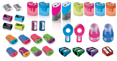 3d illustration of plastic and metal sharpeners in big collection of different shapes and materials on white background