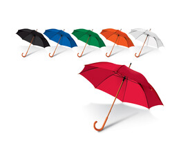 3d illustration of open rain umbrellas in different positions and colors with wooden and plastic handle and shadows on white background