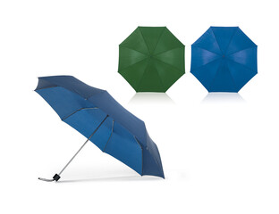 3d illustration of open rain umbrellas in different positions and colors with wooden and plastic handle and shadows on white background