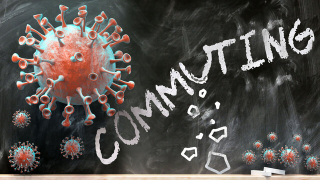 Covid And Commuting - Covid-19 Viruses Breaking And Destroying Commuting Written On A School Blackboard, 3d Illustration