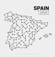 Abstract futuristic map of Spain. Electric circuit of the country. Vector illustration.