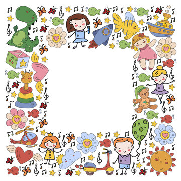 Frame with cute doodle drawing of happy kids and precepts to celebrate Children's Day. Kindergarten children.