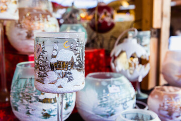 Traditional Hungarian glass souvenirs for interior decoration in the Christmas market in Budapest, Hungary