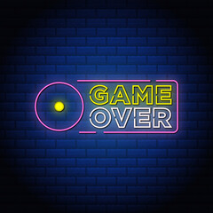 Game over neon signs style text design in blue color white background.