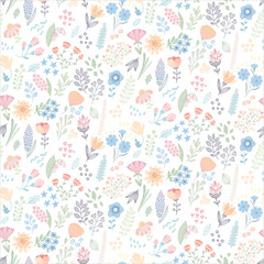 Seamless pattern of abstract hand draw flowers. Simply colorful flowers and floral elements isolated on white background. Delicate, Gentle, spring floral background.