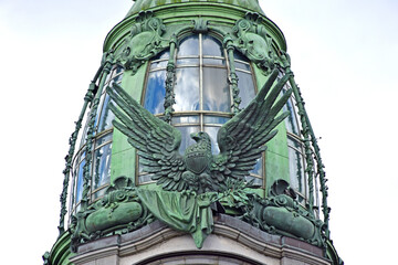 On the facade of the building there are sculptures by Amanda Adamson, as well as plant ornaments made by the sculptor Artemy Ober. Russia, Saint Petersburg, September 2020