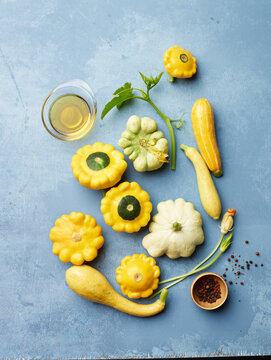 Patty pan squash, squash, squash blossoms,